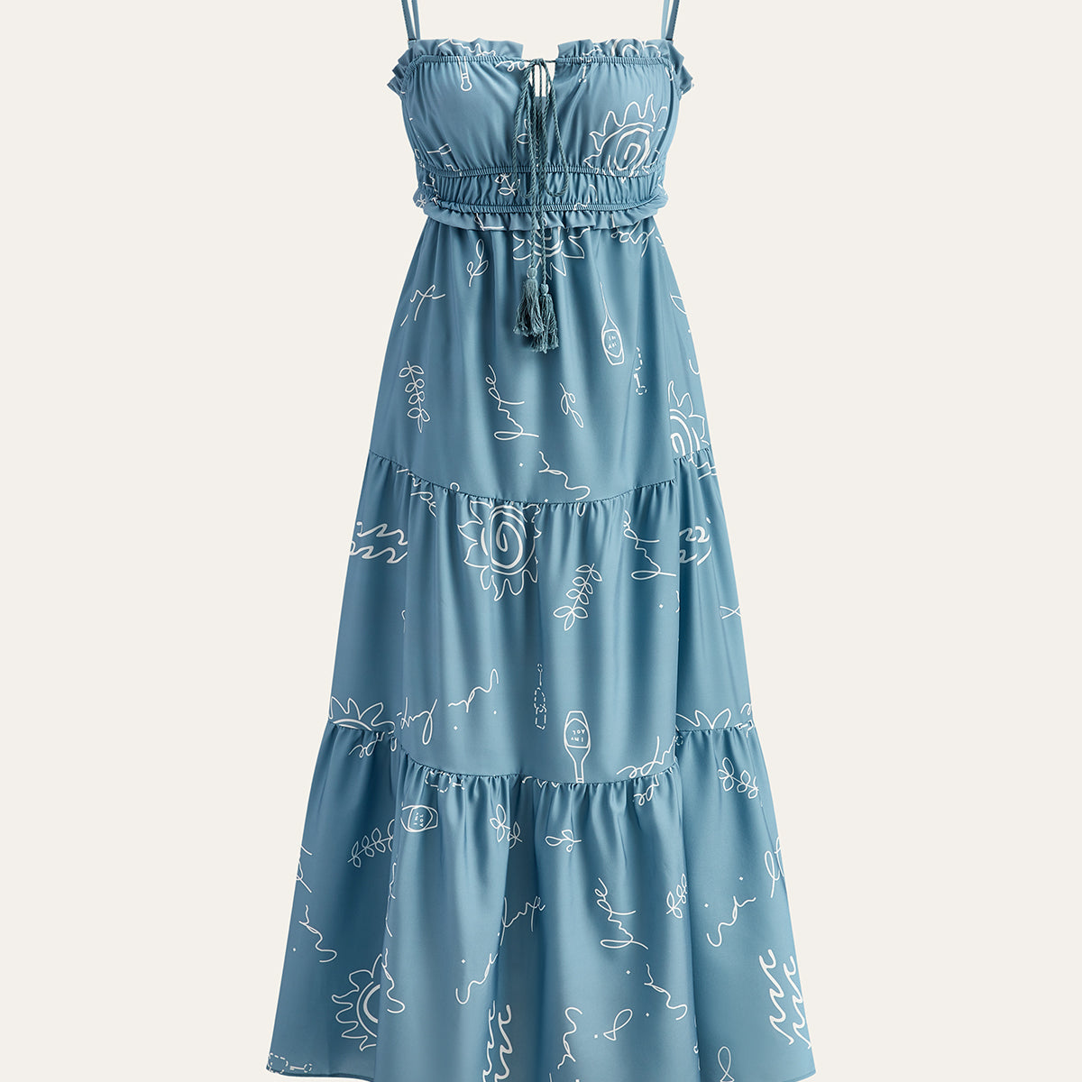 Baskılı Spagetti Askılı Katmanlı Uzun Elbise