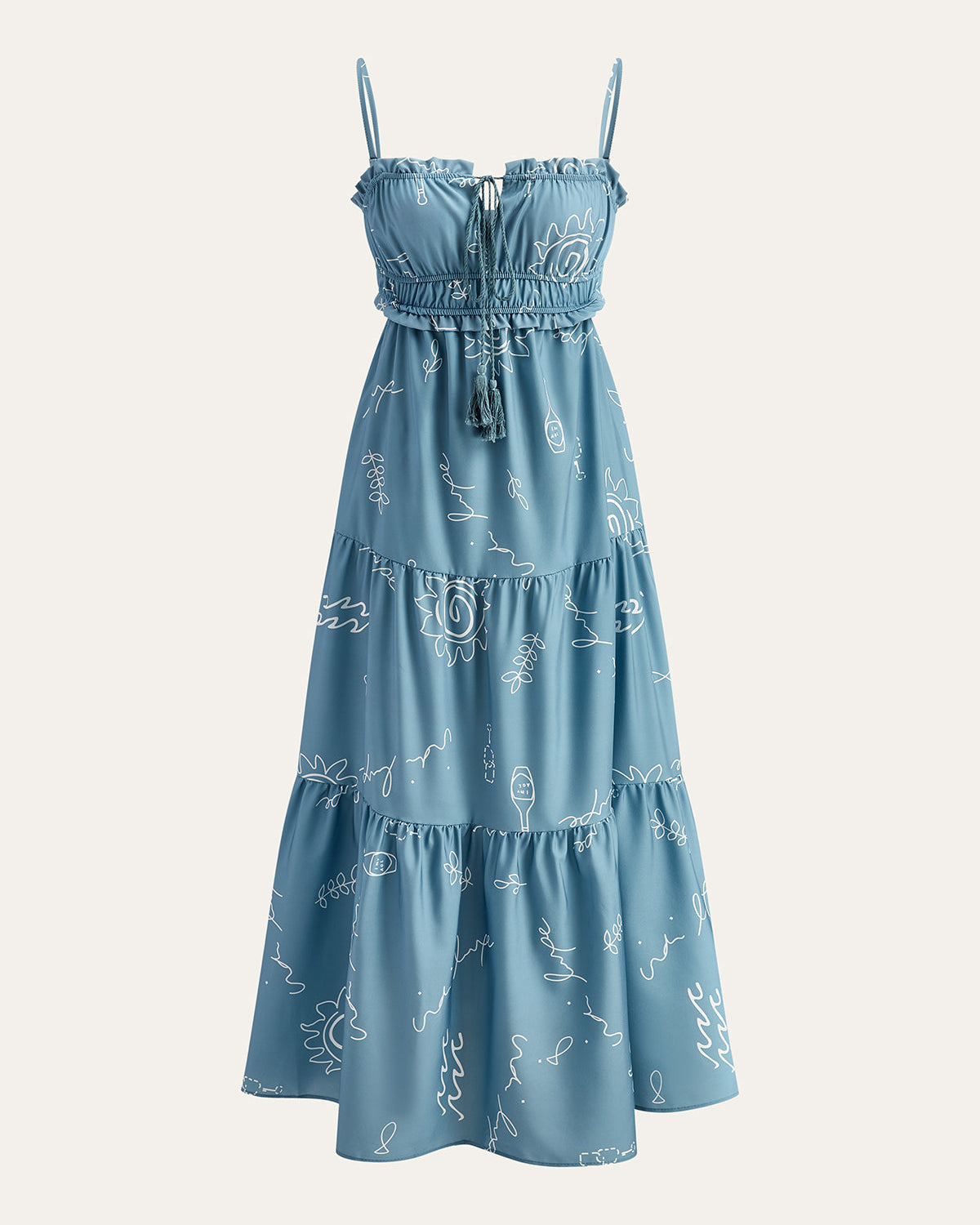 Baskılı Spagetti Askılı Katmanlı Uzun Elbise