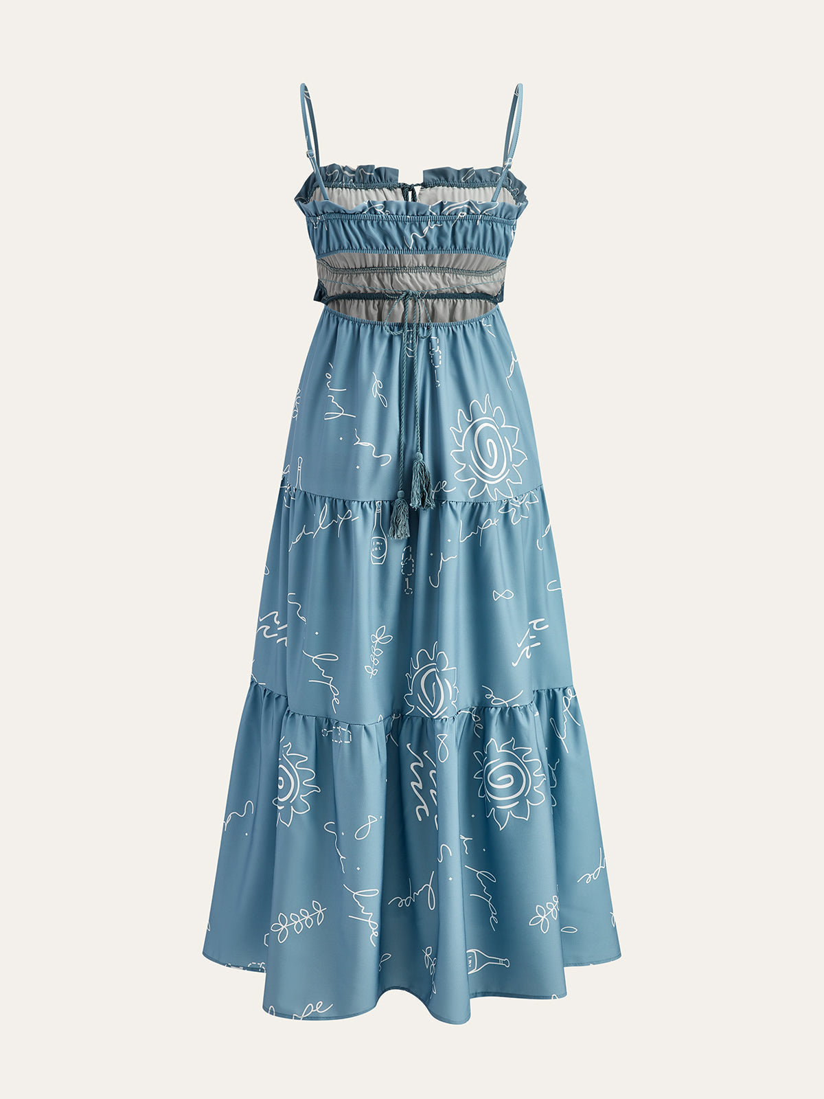 Baskılı Spagetti Askılı Katmanlı Uzun Elbise