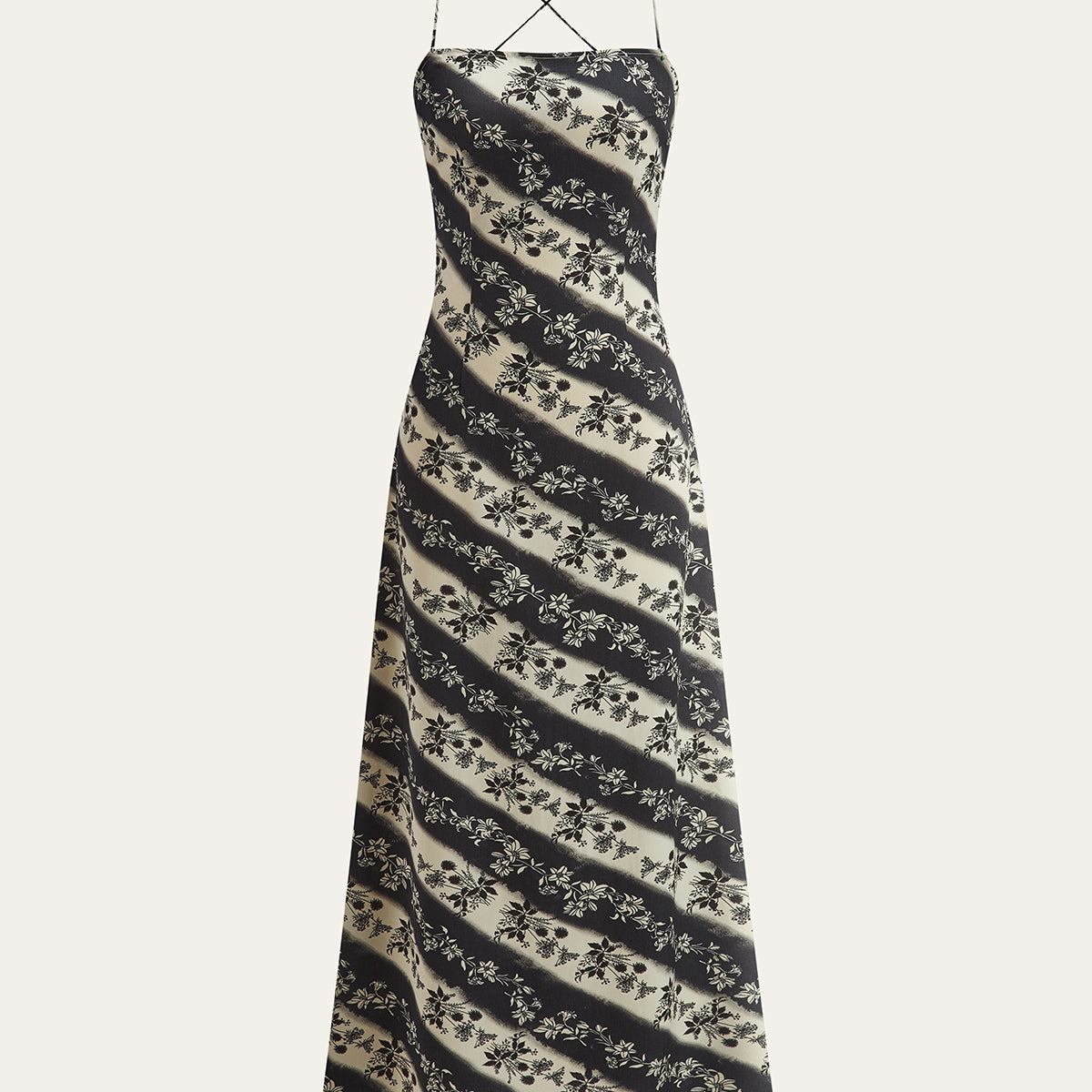 Çiçekli Çizgili Çapraz Sırtlı Uzun Elbise