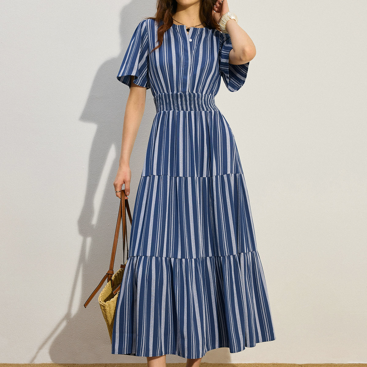 Çizgili Büzgülü Bel Katmanlı Uzun Elbise