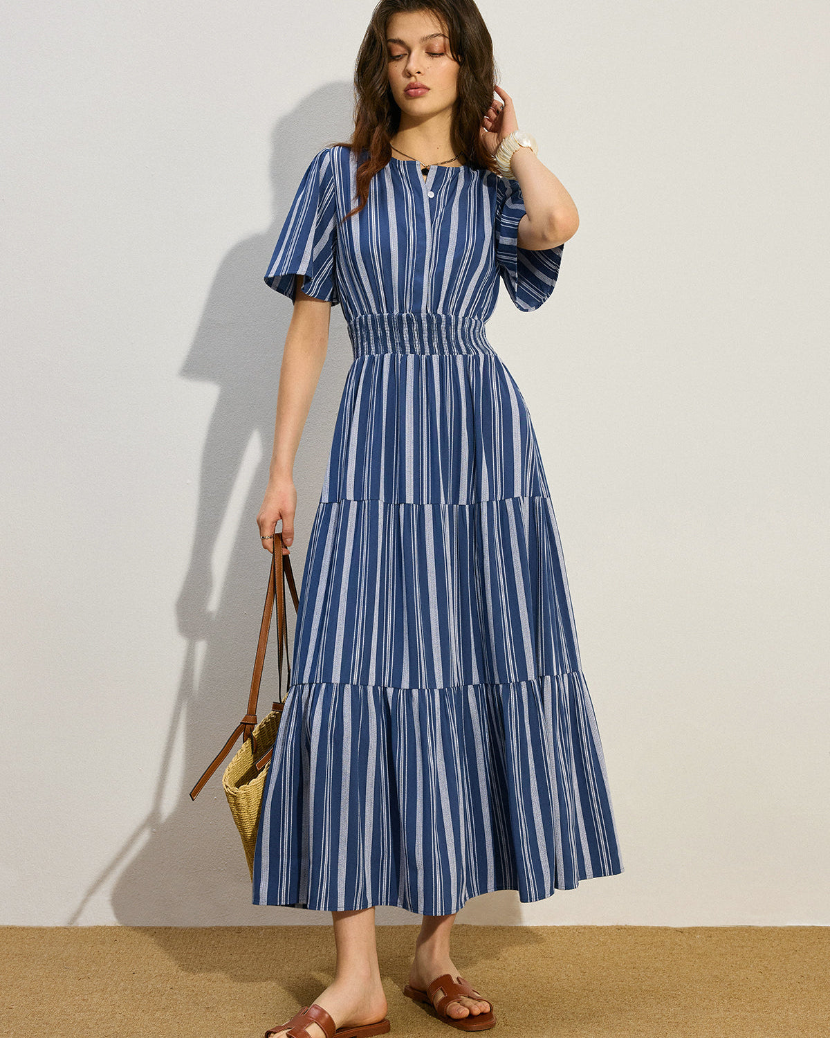 Çizgili Büzgülü Bel Katmanlı Uzun Elbise