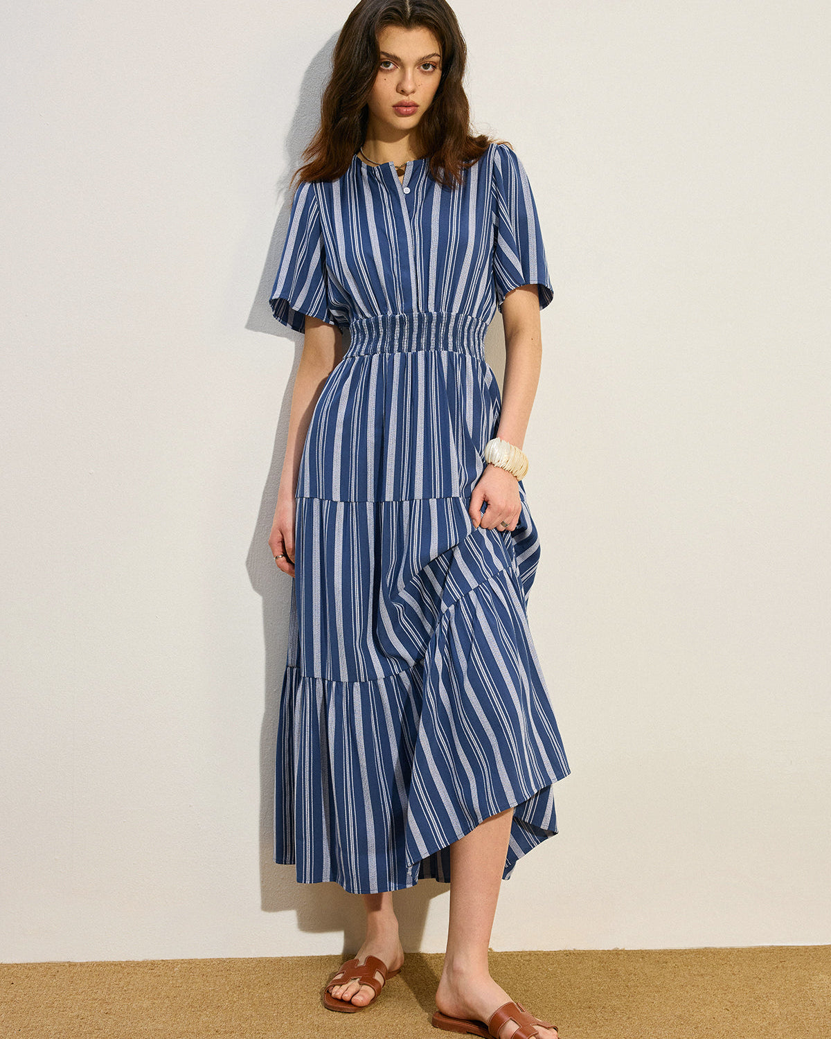 Çizgili Büzgülü Bel Katmanlı Uzun Elbise