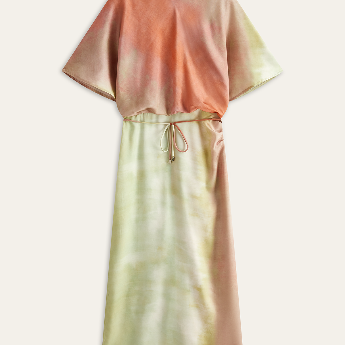 Kısa Kollu Renk Degradeli Uzun Elbise Belden Bağlamalı