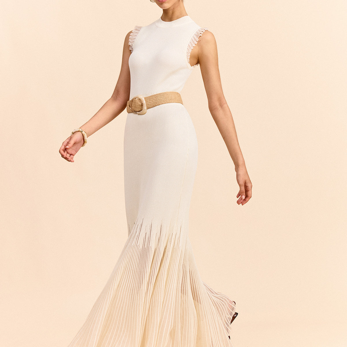 Tül Panelli Volanlı Örgü Uzun Elbise