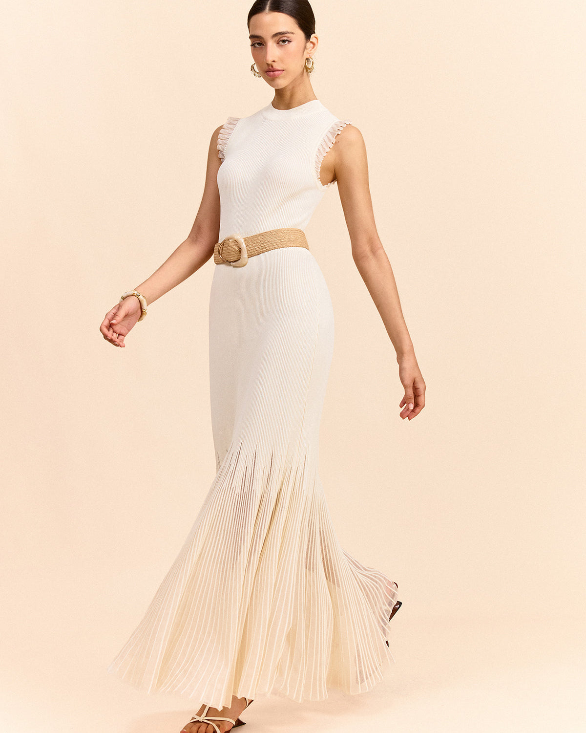 Tül Panelli Volanlı Örgü Uzun Elbise