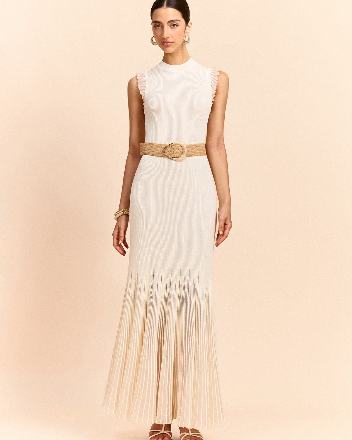 Tül Panelli Volanlı Örgü Uzun Elbise