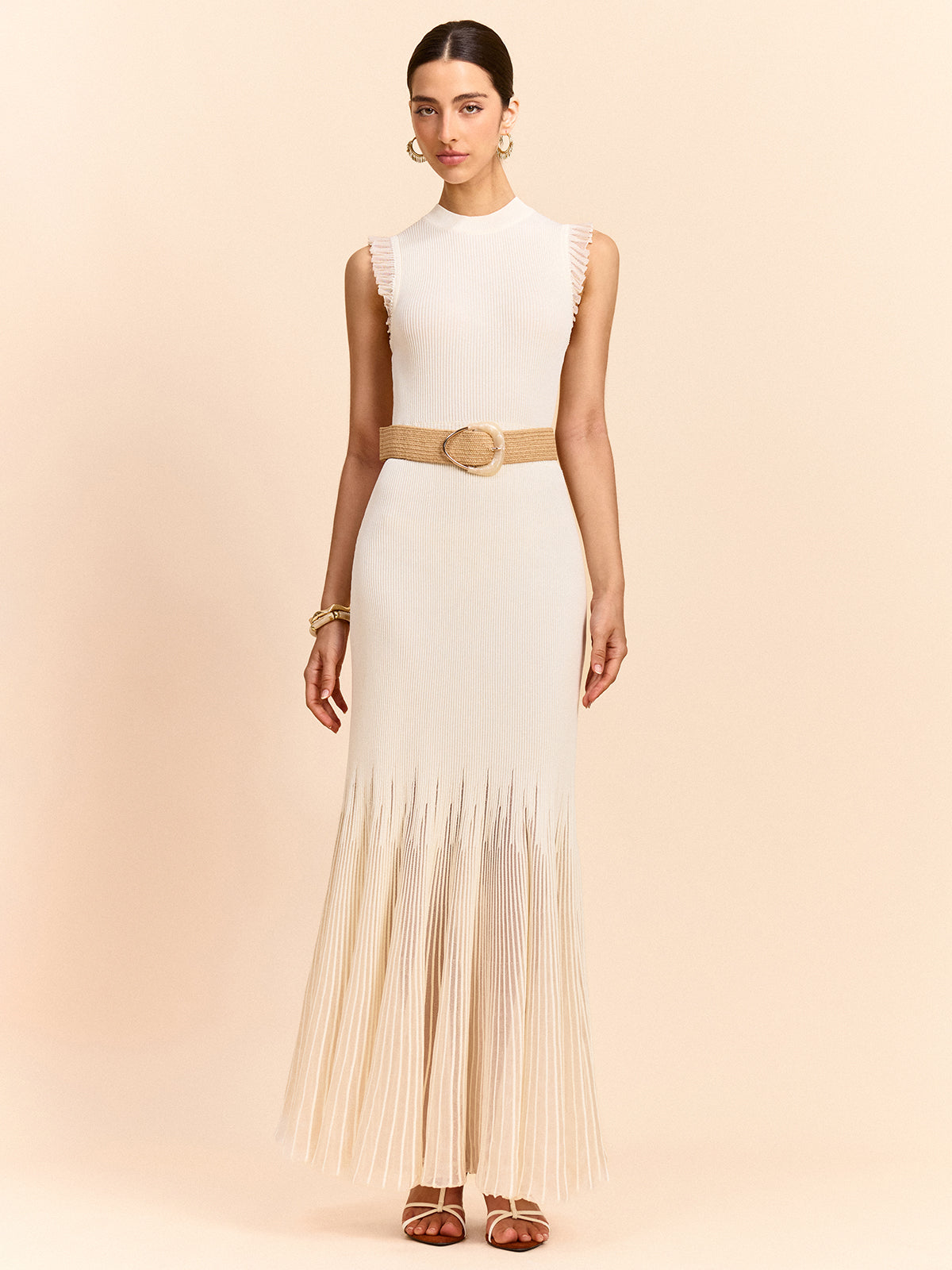 Tül Panelli Volanlı Örgü Uzun Elbise