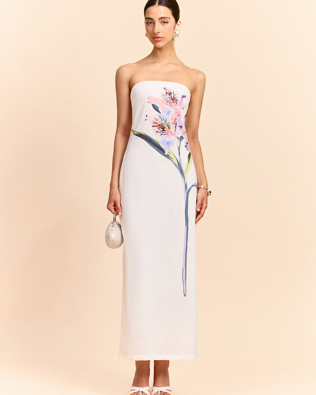 Straplez Çiçek Desenli Uzun Elbise