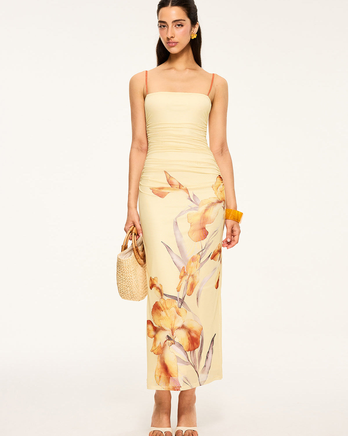 Çiçek Desenli Kıvrımlı Uzun Elbise