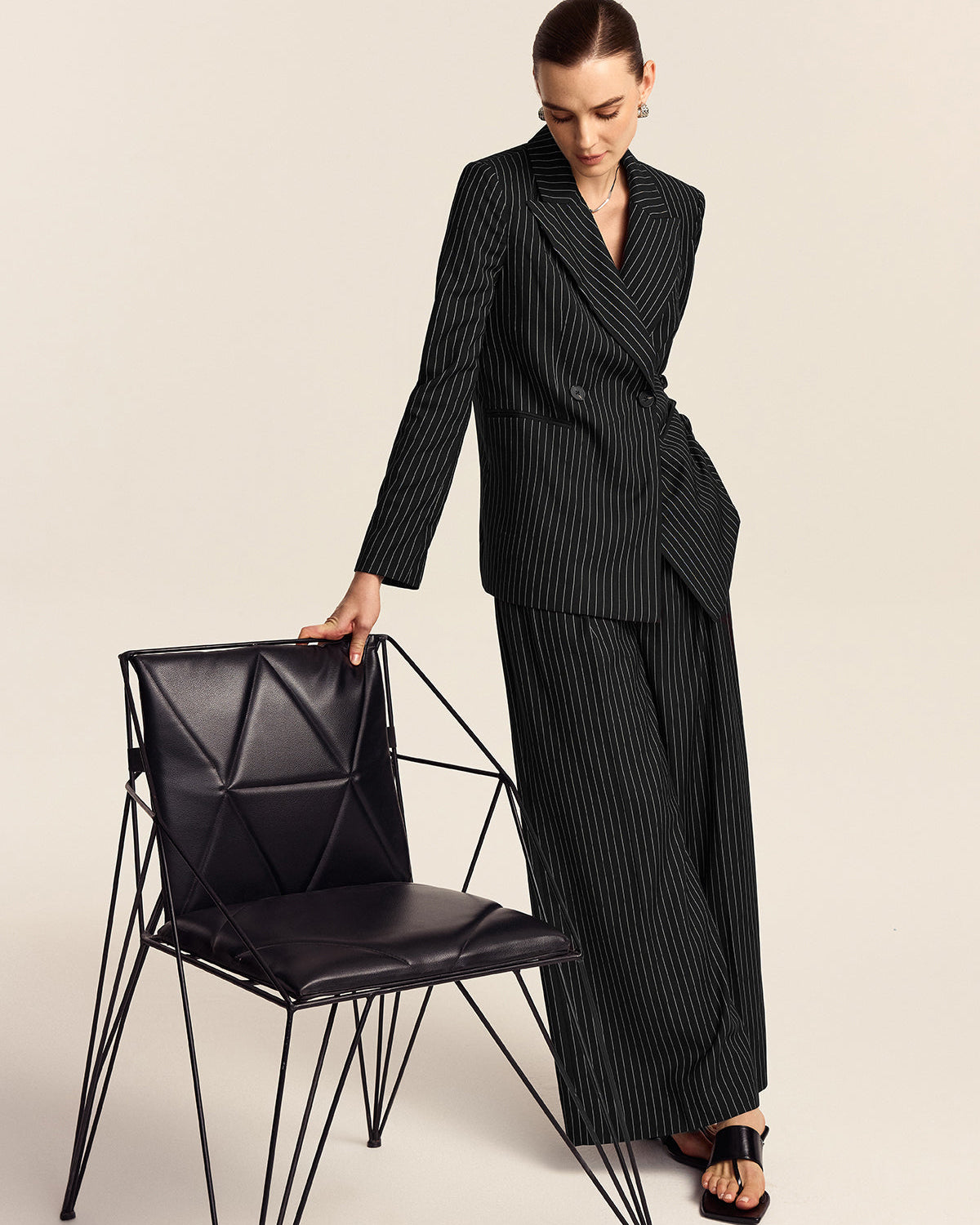 Çizgili Çift Düğmeli Blazer