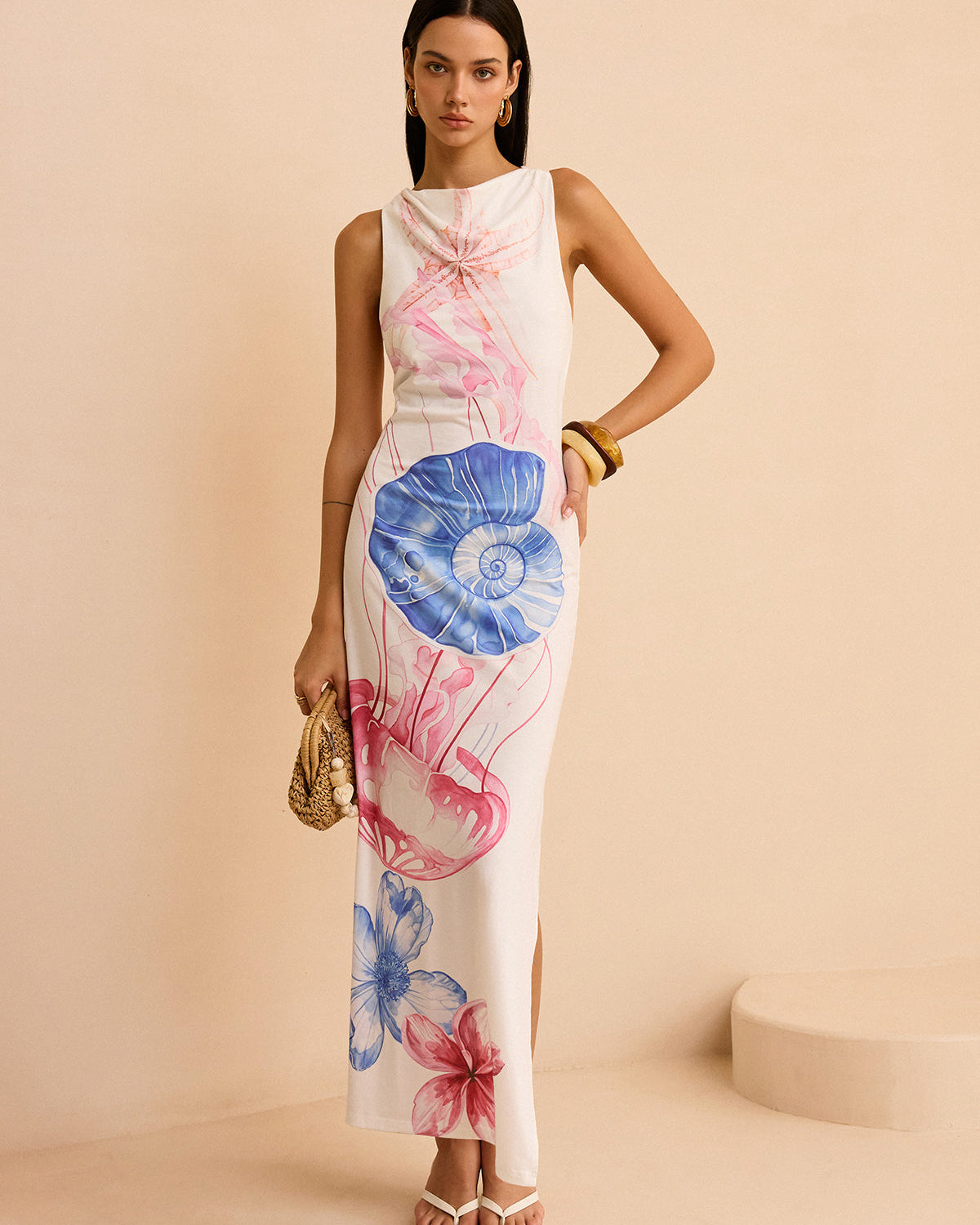 Okyanus Desenli Uzun Elbise Yırtmaçlı