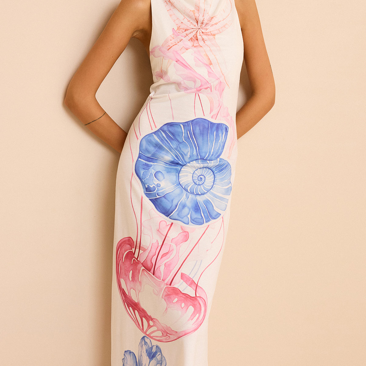 Okyanus Desenli Uzun Elbise Yırtmaçlı