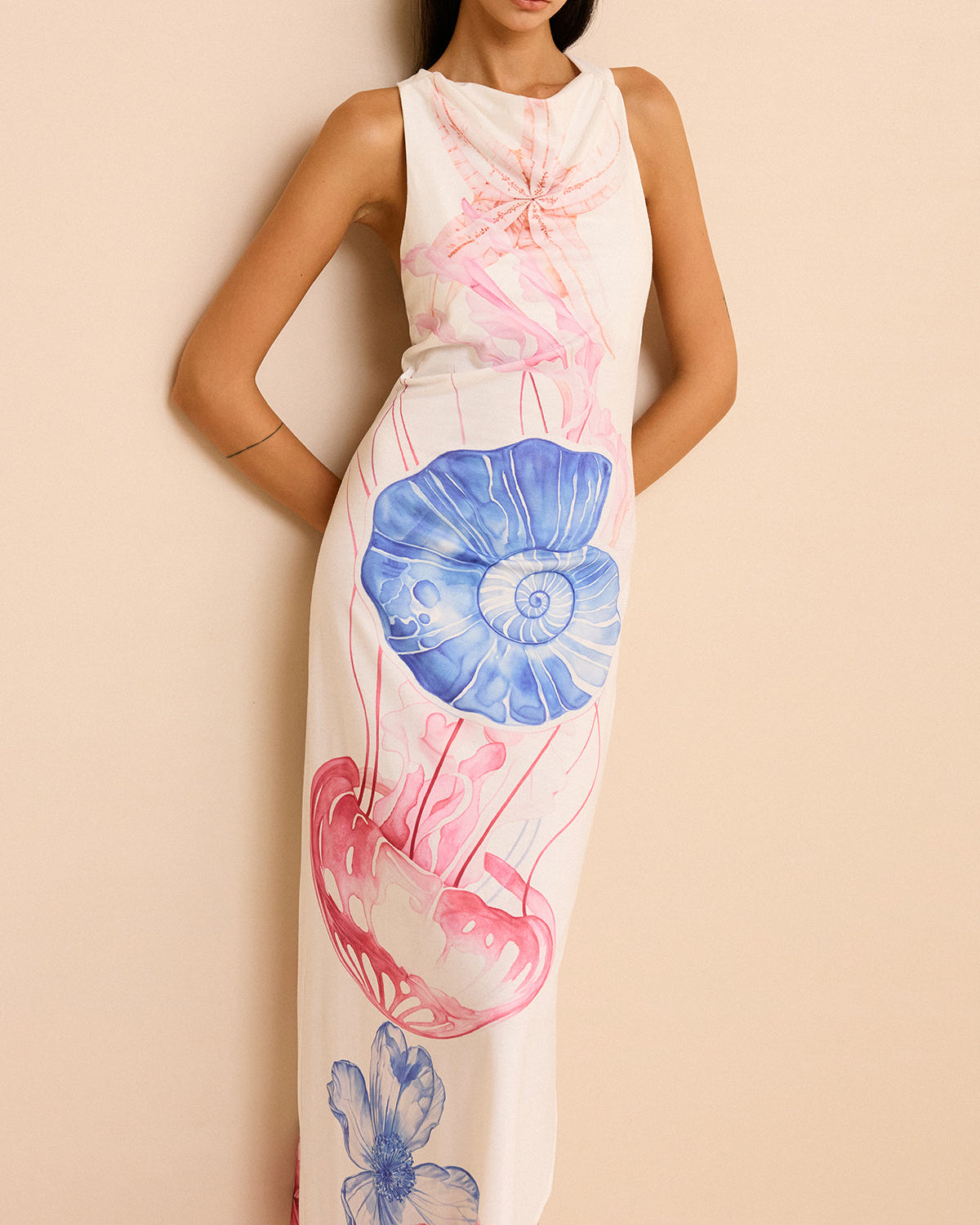 Okyanus Desenli Uzun Elbise Yırtmaçlı