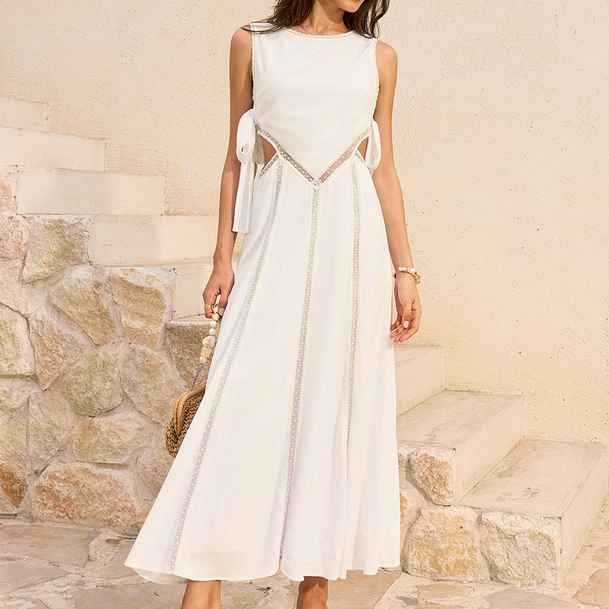 Keten Ve Pamuklu Kesik Bağcıklı Uzun Elbise