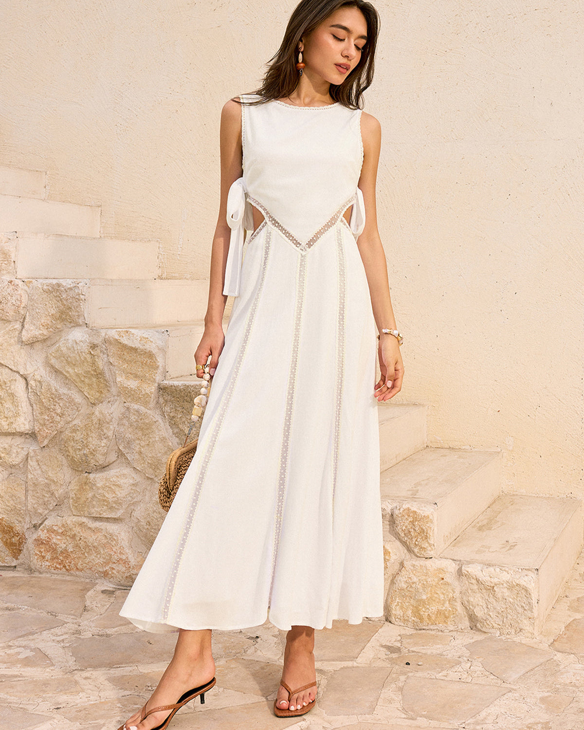 Keten Ve Pamuklu Kesik Bağcıklı Uzun Elbise