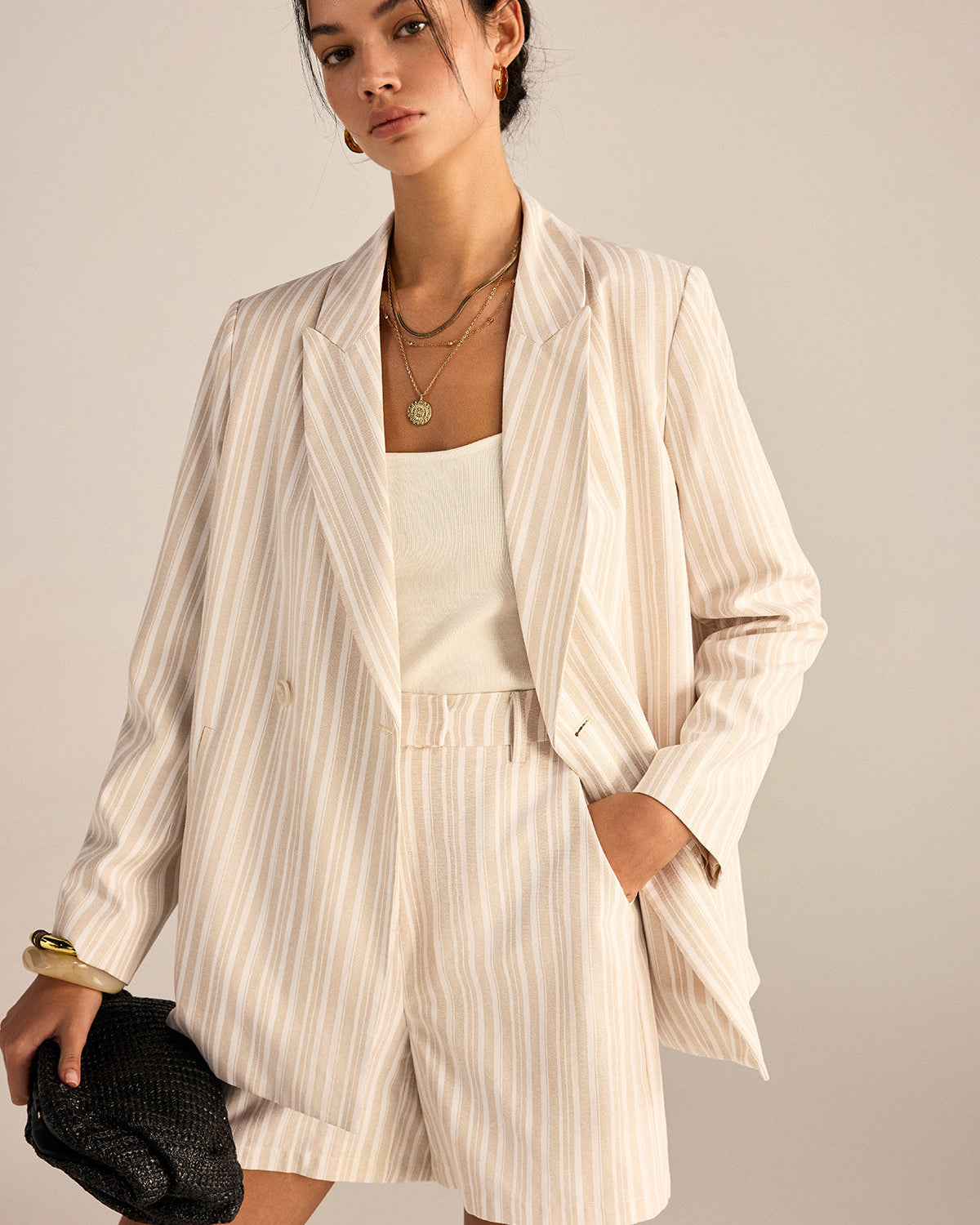 Çizgili Çift Düğmeli Blazer