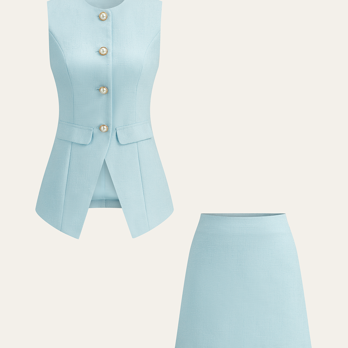 İnci Detaylı Tweed Blazer Yelek ve Mini Etek Takımı