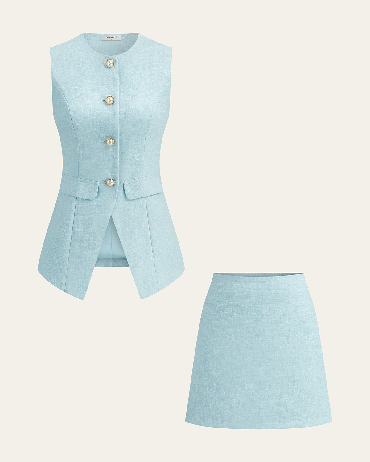 İnci Detaylı Tweed Blazer Yelek ve Mini Etek Takımı