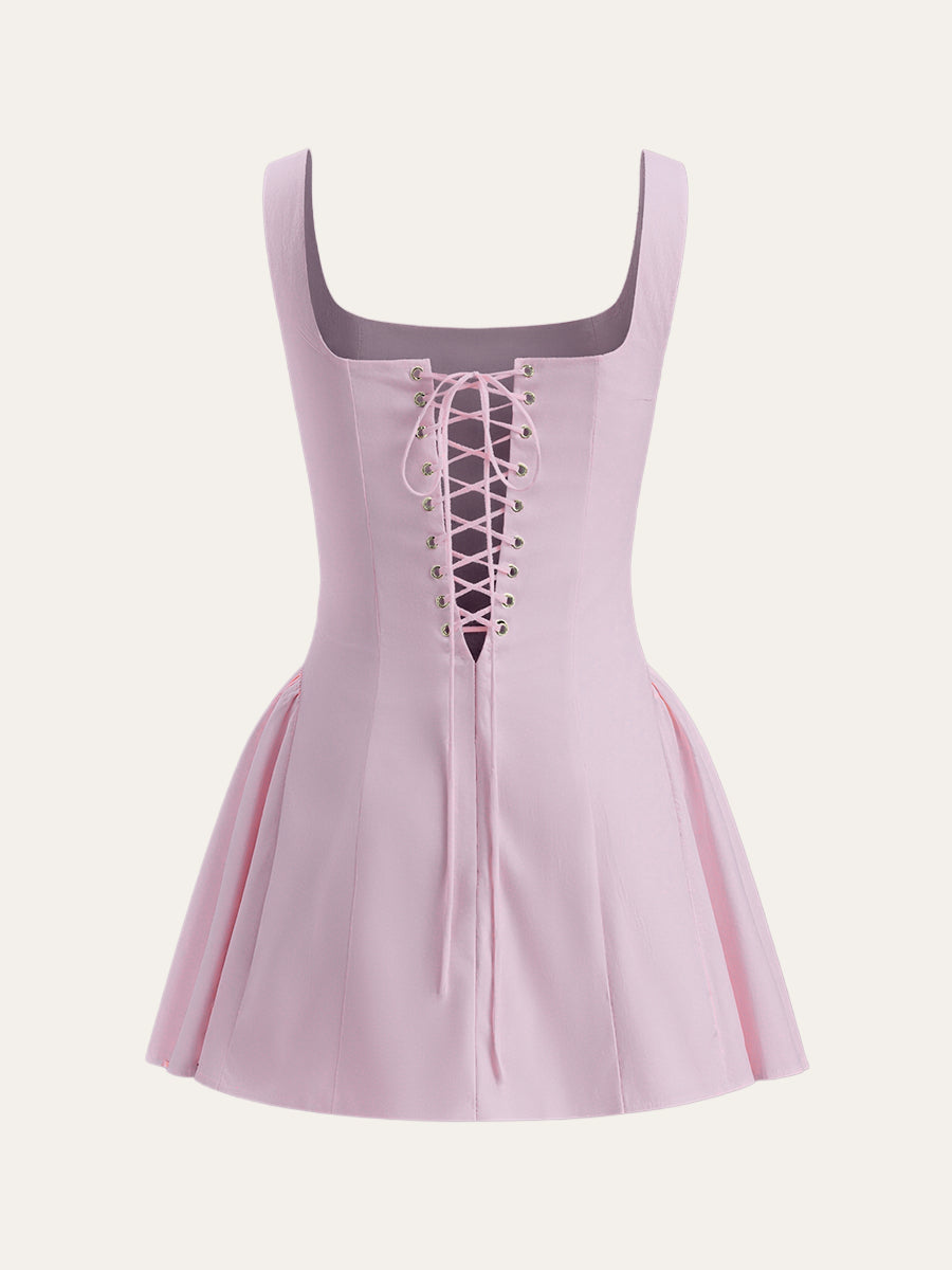 Puantiyeli Bağcıklı Sırt Dekolteli Mini Elbise