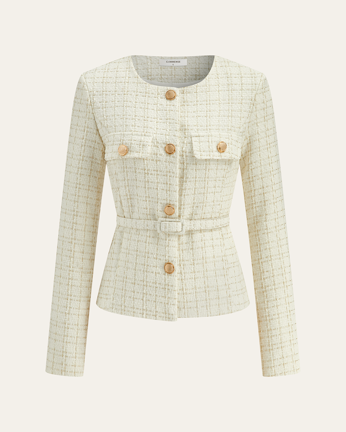 Metal Düğmeli Kemerli Tweed Blazer