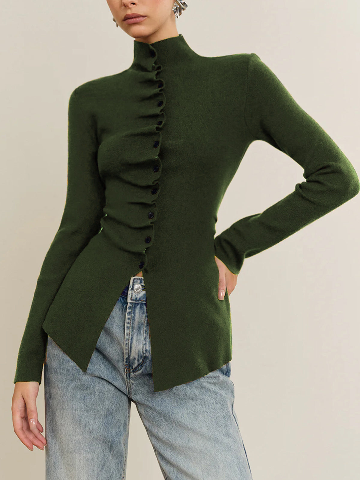 Düğmeli Pileli Yırtmaçlı Triko Üst