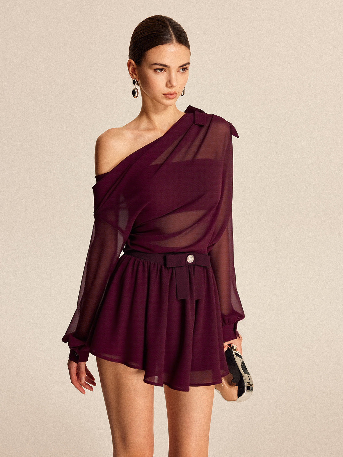 Yarı Şeffaf Şifon Tek Omuz Fiyonk Detaylı Etek Takım