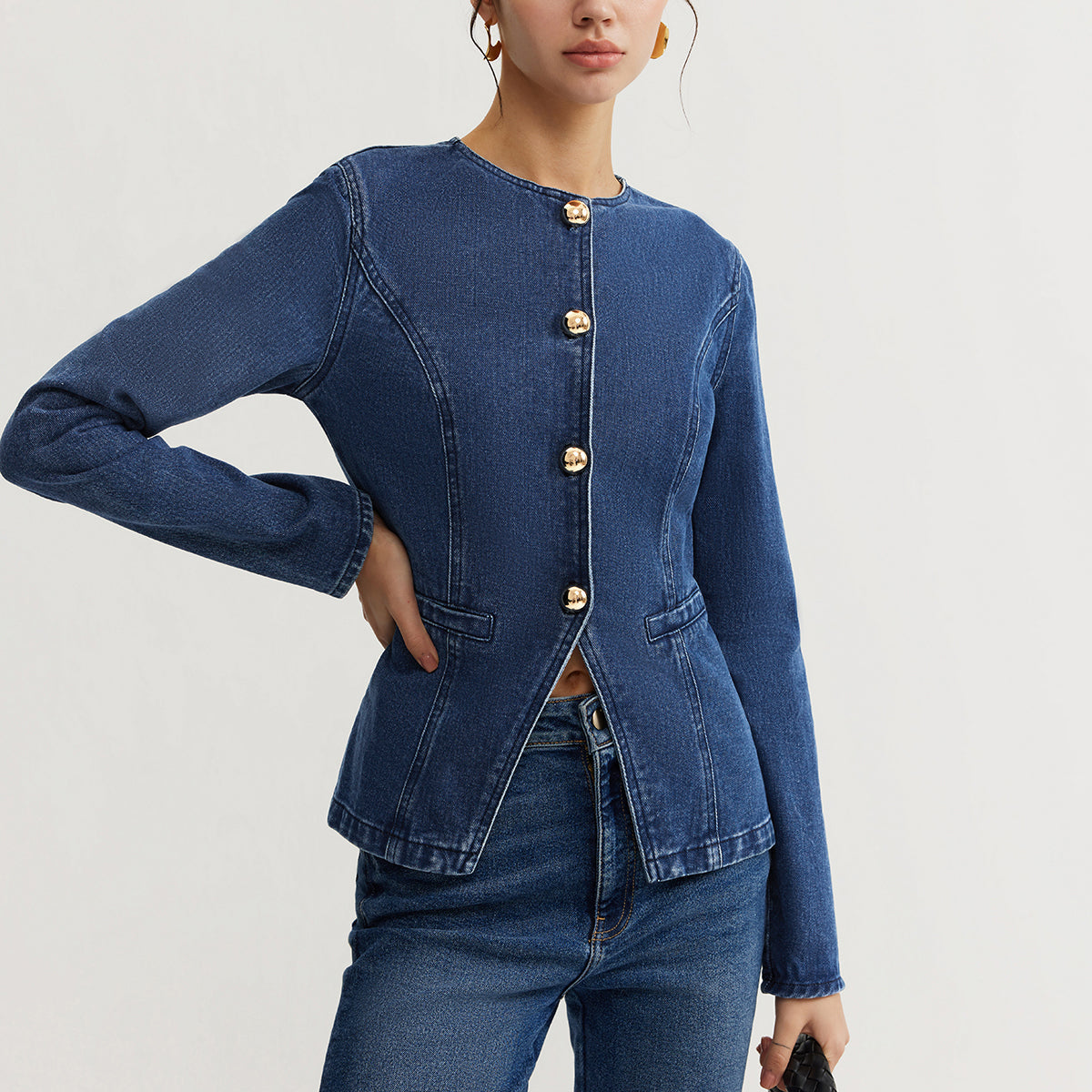 Düğmeli Dar Kesim Kot Ceket