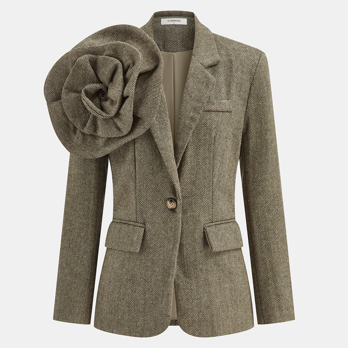 Büyük 3D Çiçek Detaylı Tek Düğmeli Tweed Blazer