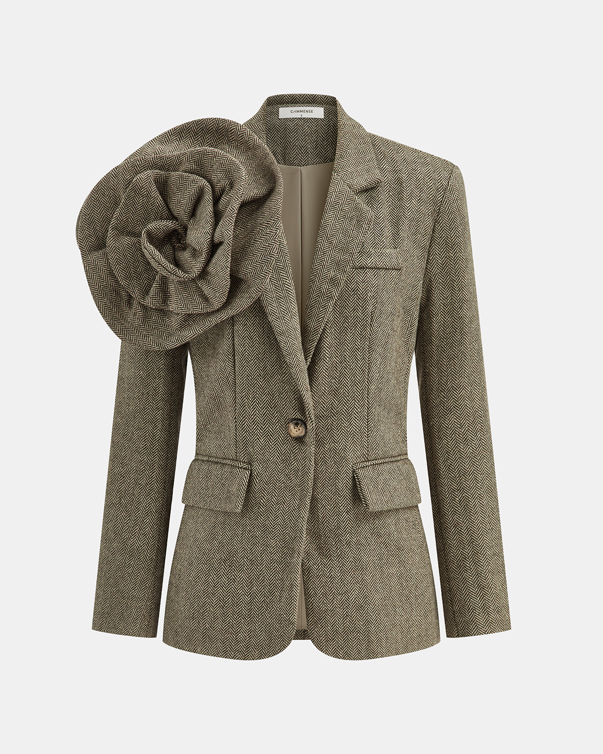 Büyük 3D Çiçek Detaylı Tek Düğmeli Tweed Blazer