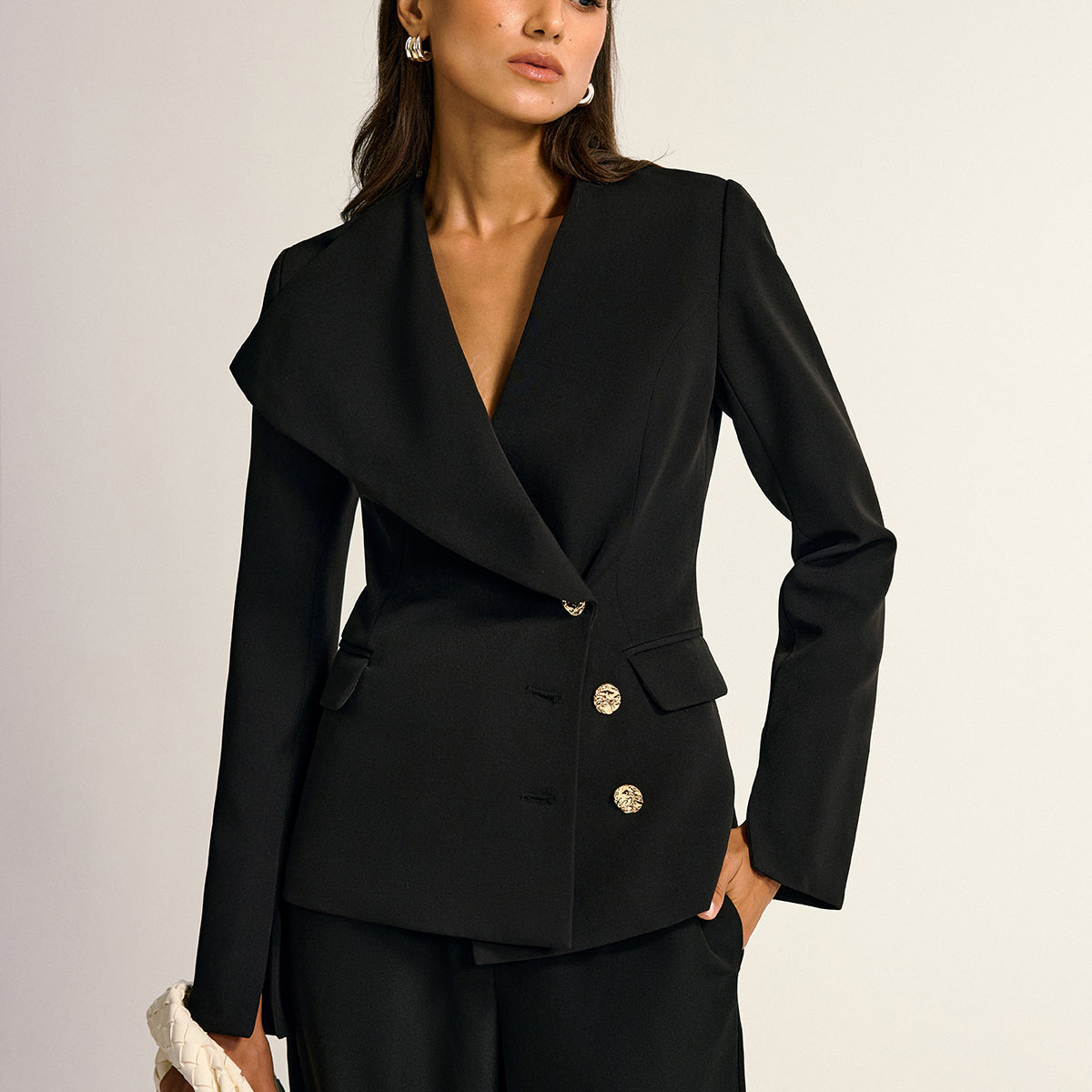 Metal Düğmeli Şal Yaka Blazer