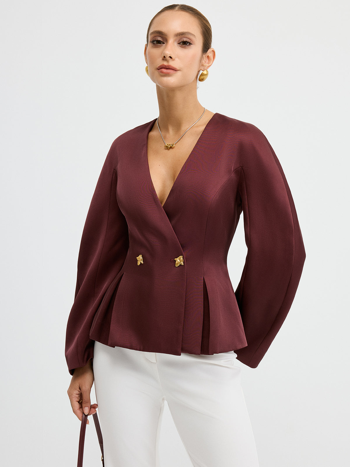 Metal Düğmeli Volanlı Balon Kol Blazer