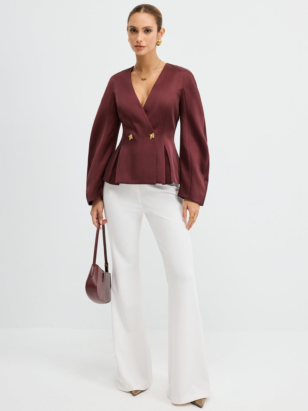 Metal Düğmeli Volanlı Balon Kol Blazer