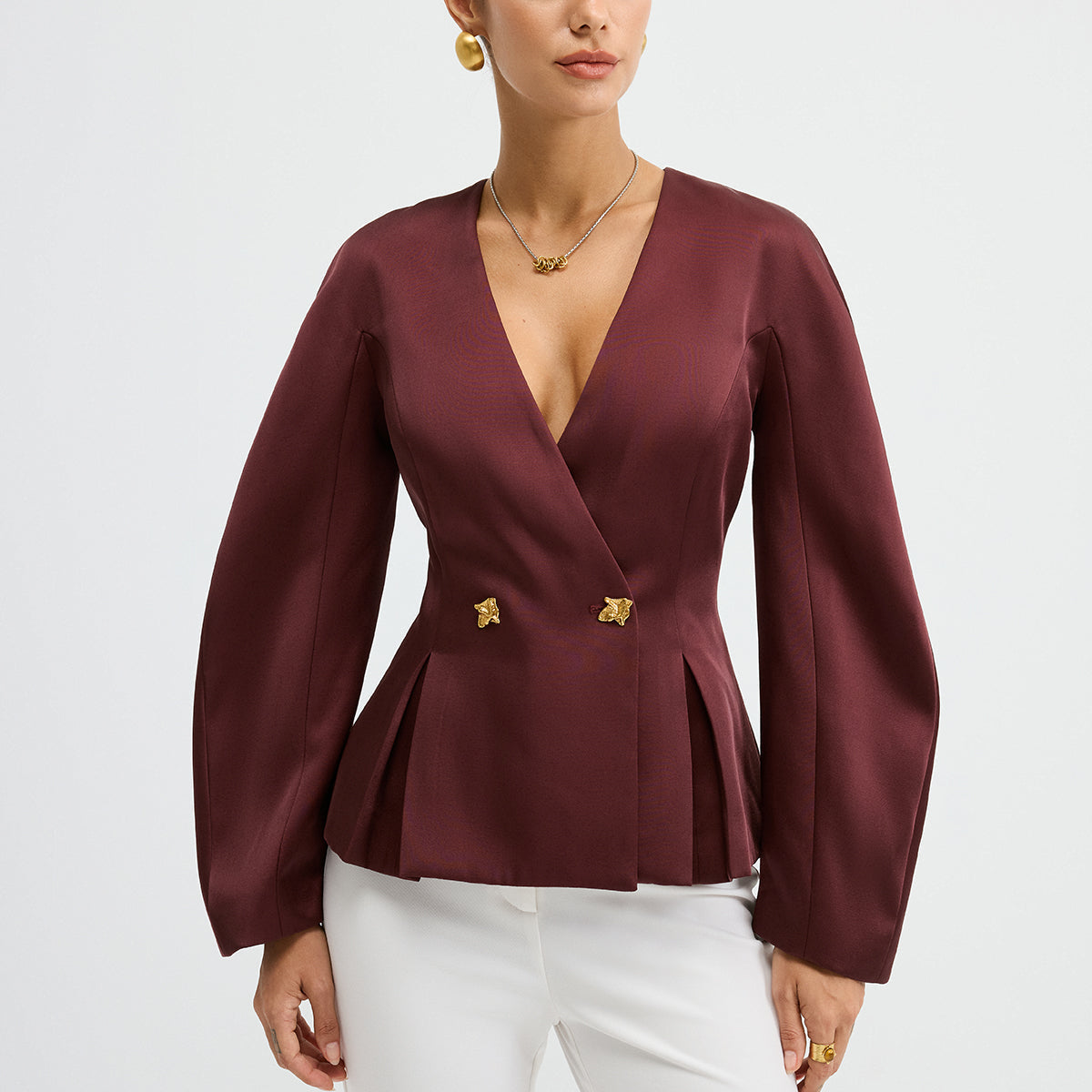 Metal Düğmeli Volanlı Balon Kol Blazer