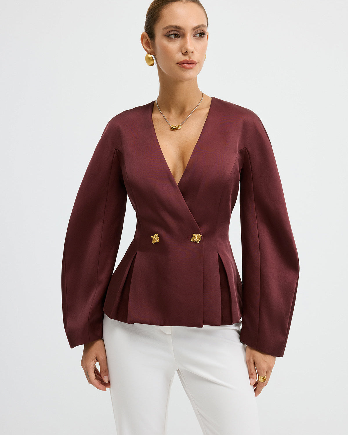 Metal Düğmeli Volanlı Balon Kol Blazer