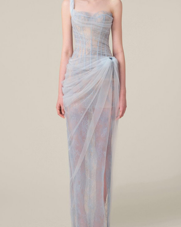 Bertille Tek Omuz Maxi Elbise Mavi