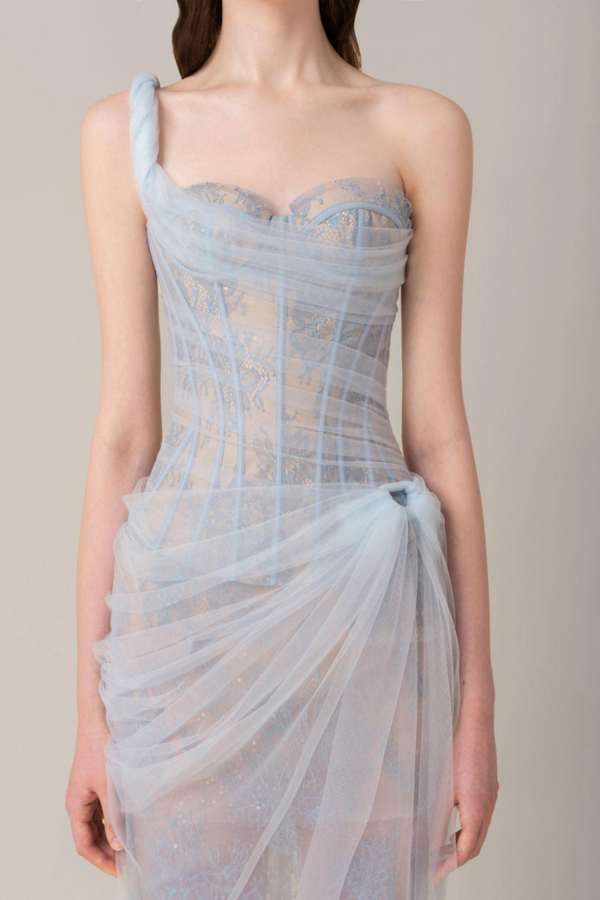 Bertille Tek Omuz Maxi Elbise Mavi