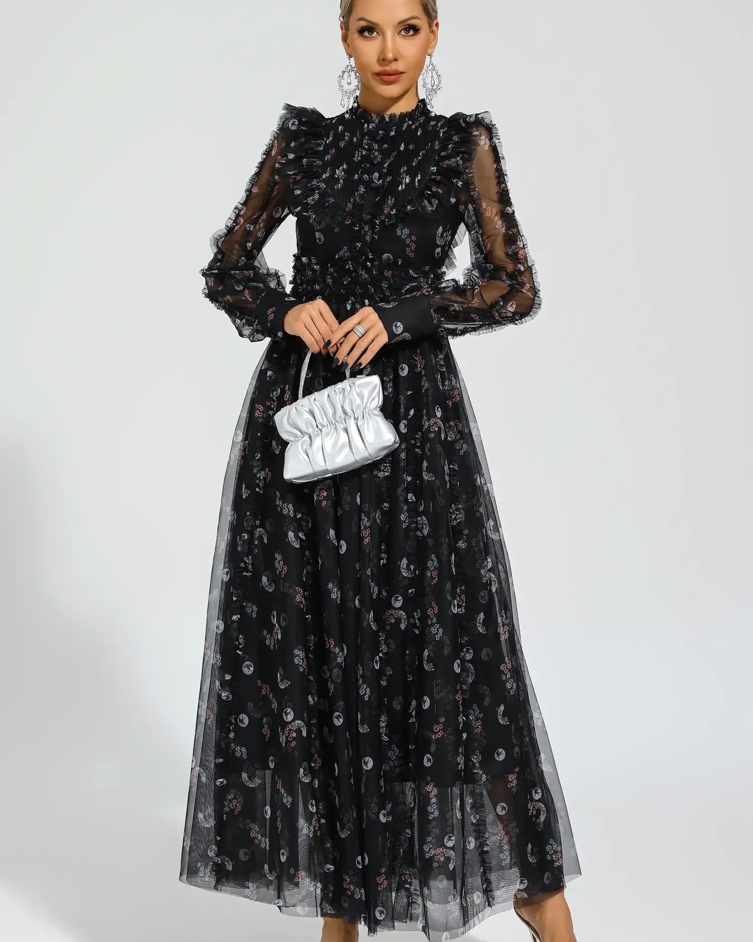 Elara Siyah Çiçekli Uzun Kol Uzun Elbise