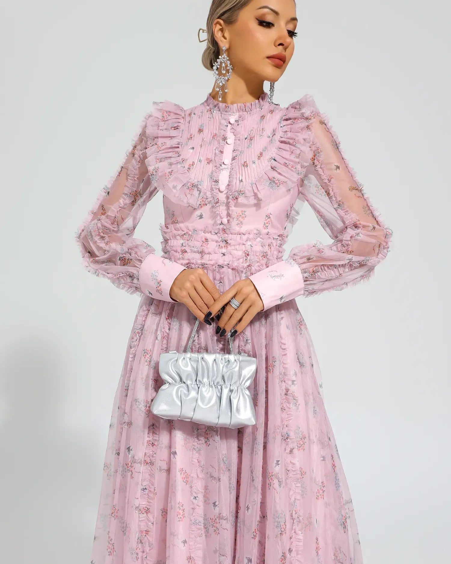 Elara Pembe Çiçekli Uzun Kol Uzun Elbise