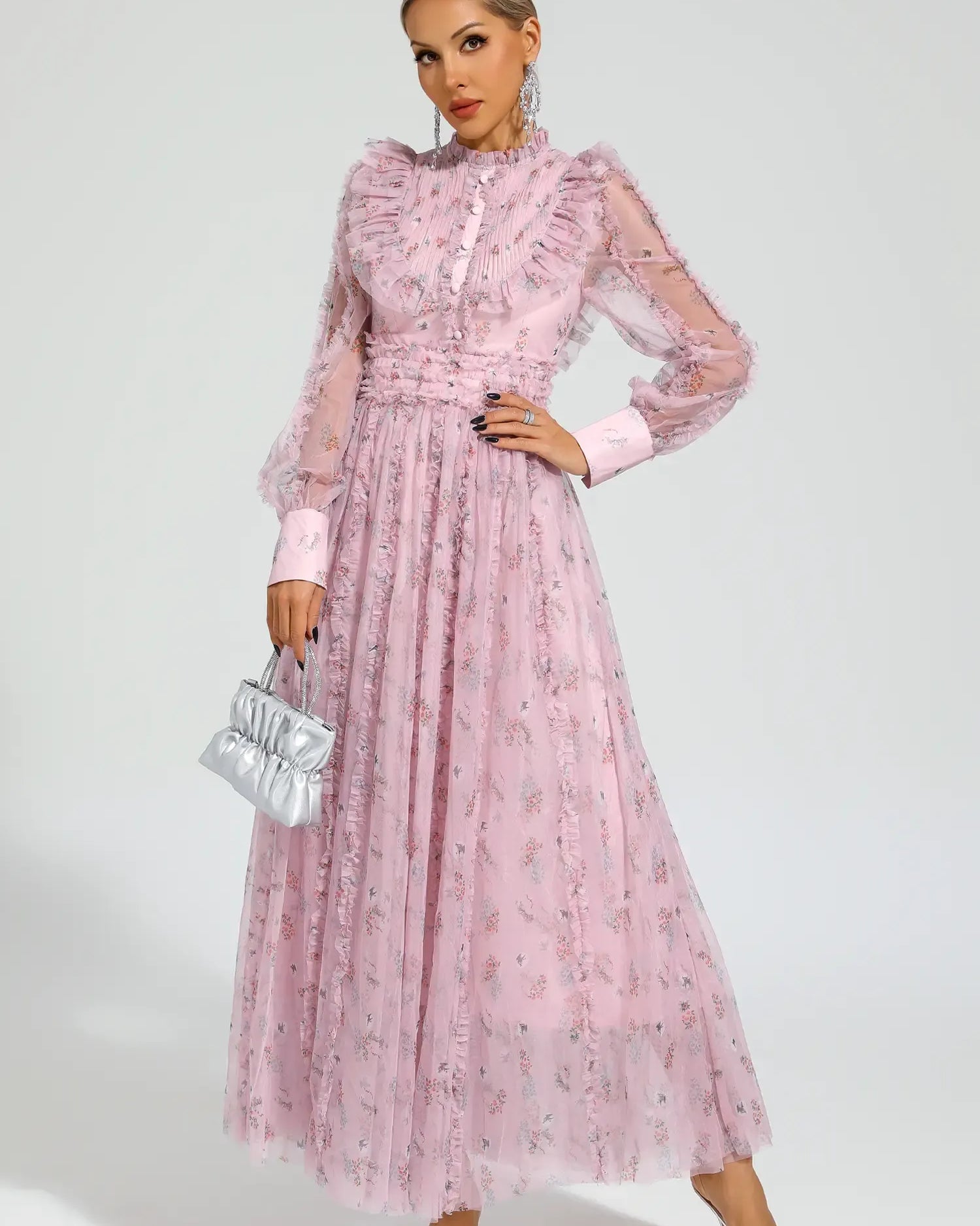 Elara Pembe Çiçekli Uzun Kol Uzun Elbise