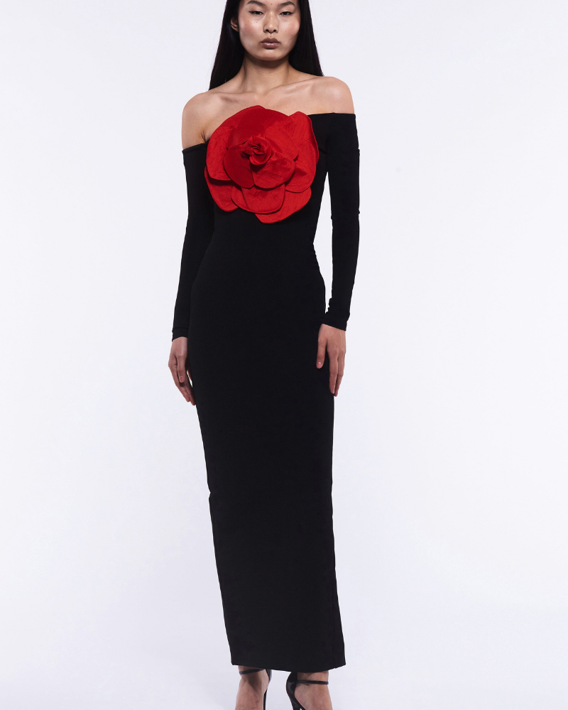 Blandine Omuz Açık Çiçekli Uzun Elbise