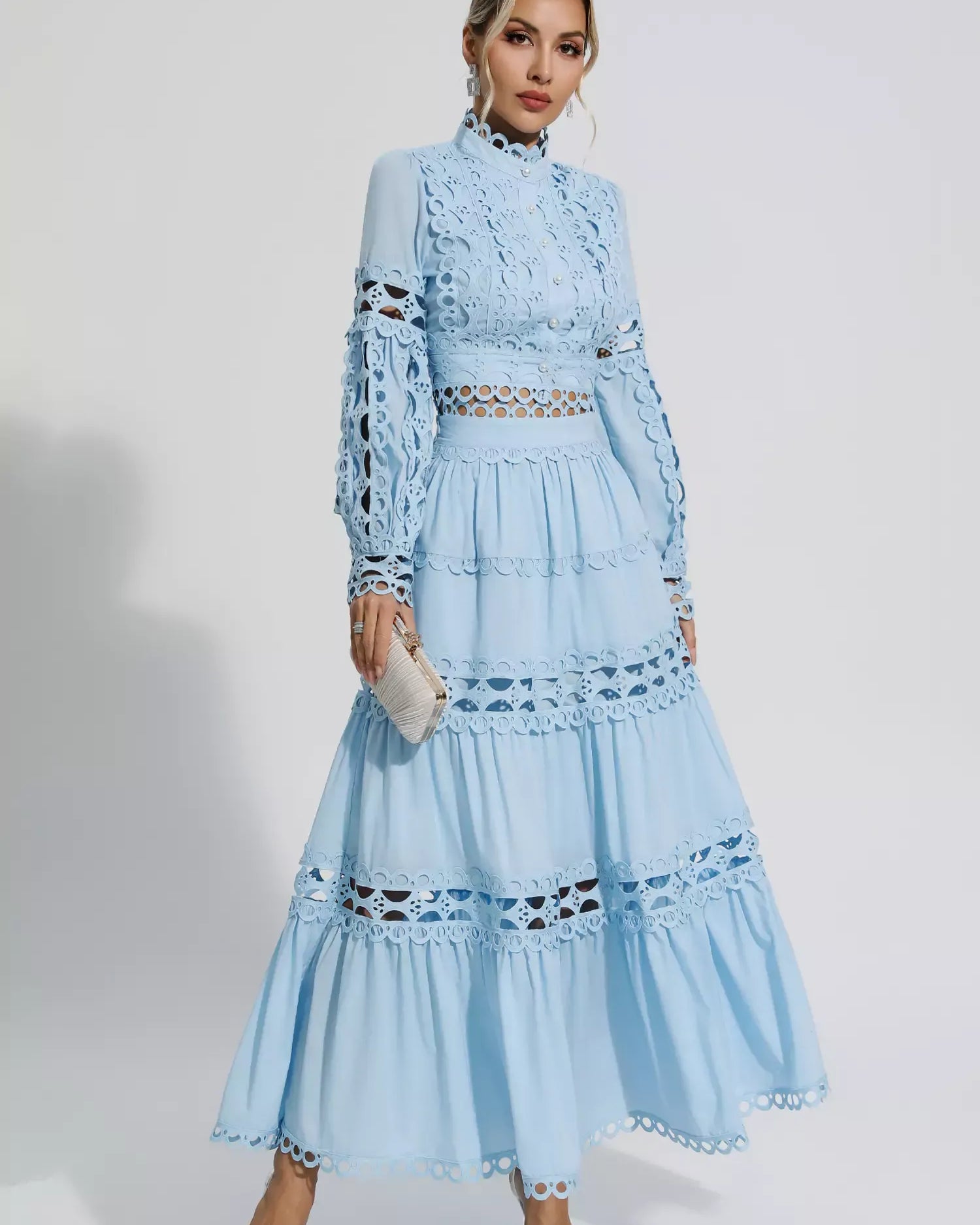 Julieta Mavi Uzun Kollu Uzun Elbise