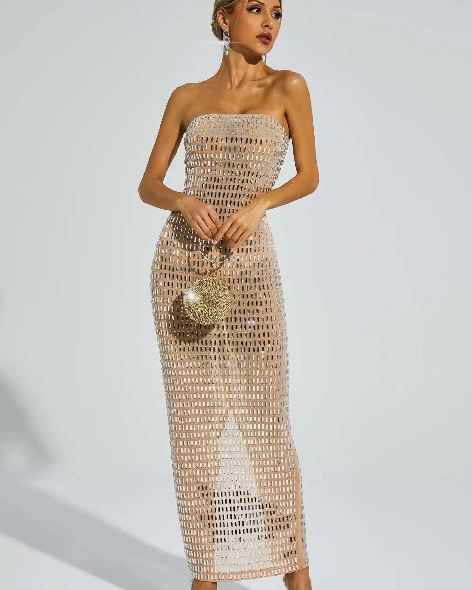 Boris Şampanya Pırlanta Düşük Omuz Maxi Elbise