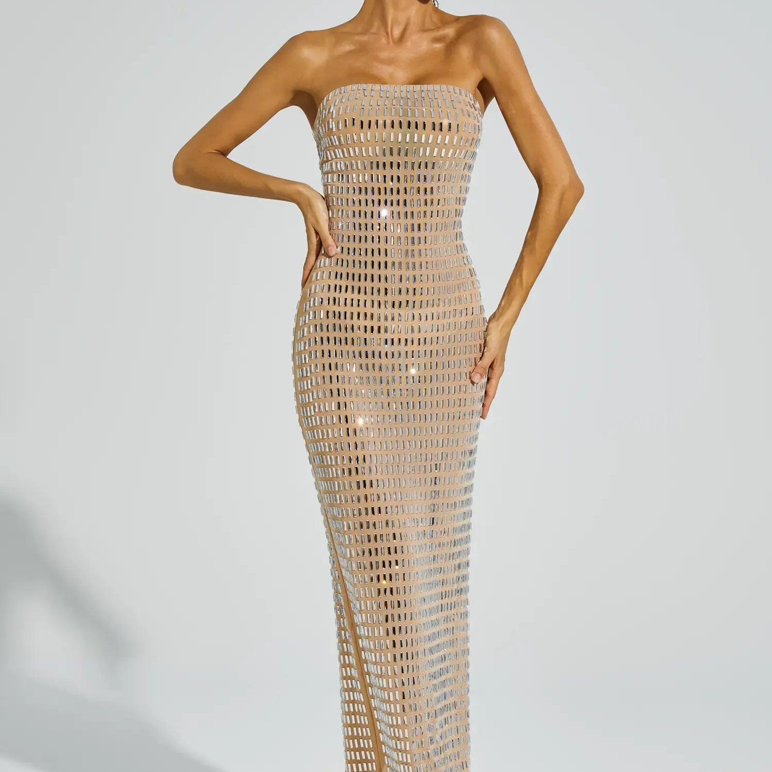 Boris Şampanya Pırlanta Düşük Omuz Maxi Elbise