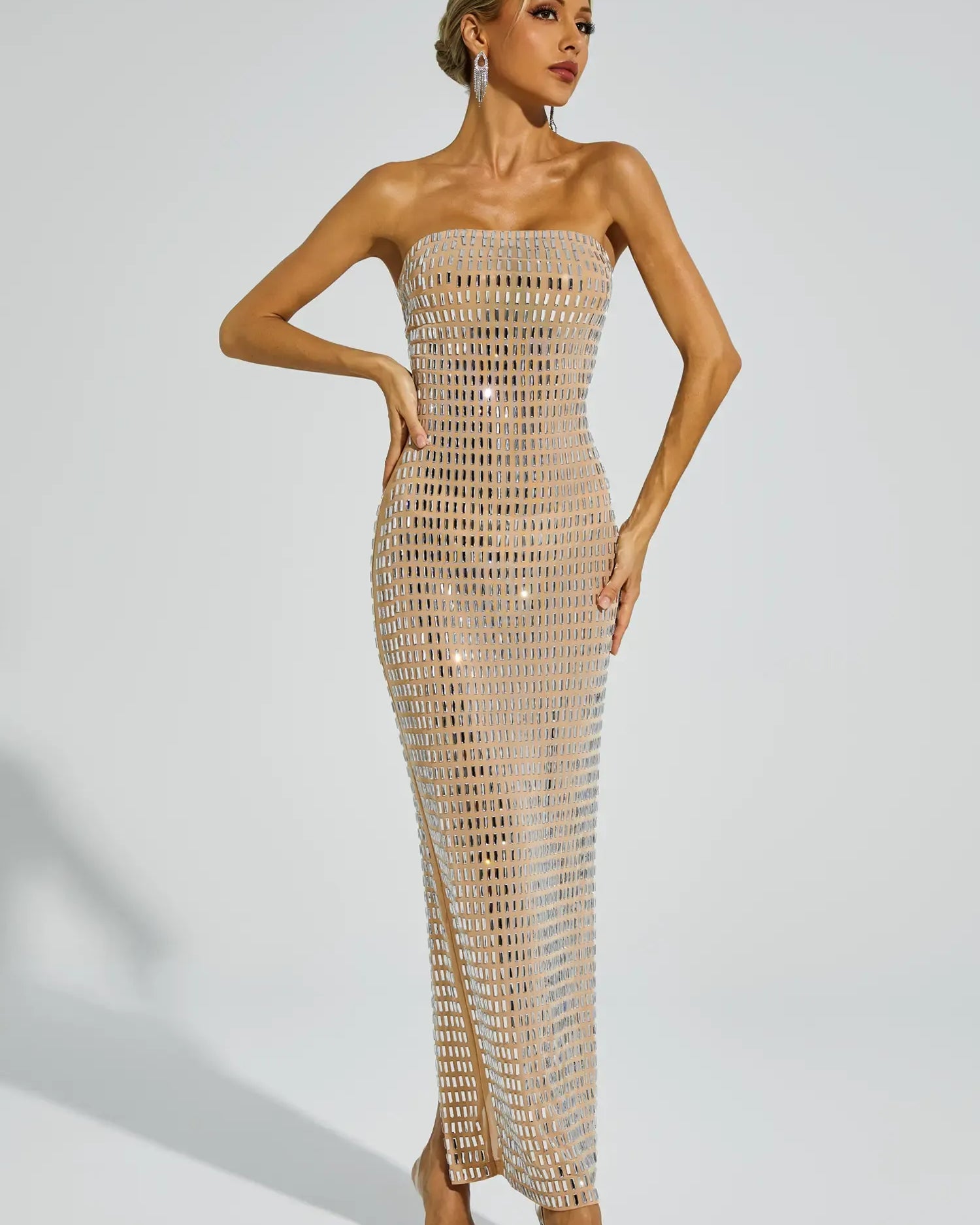 Boris Şampanya Pırlanta Düşük Omuz Maxi Elbise