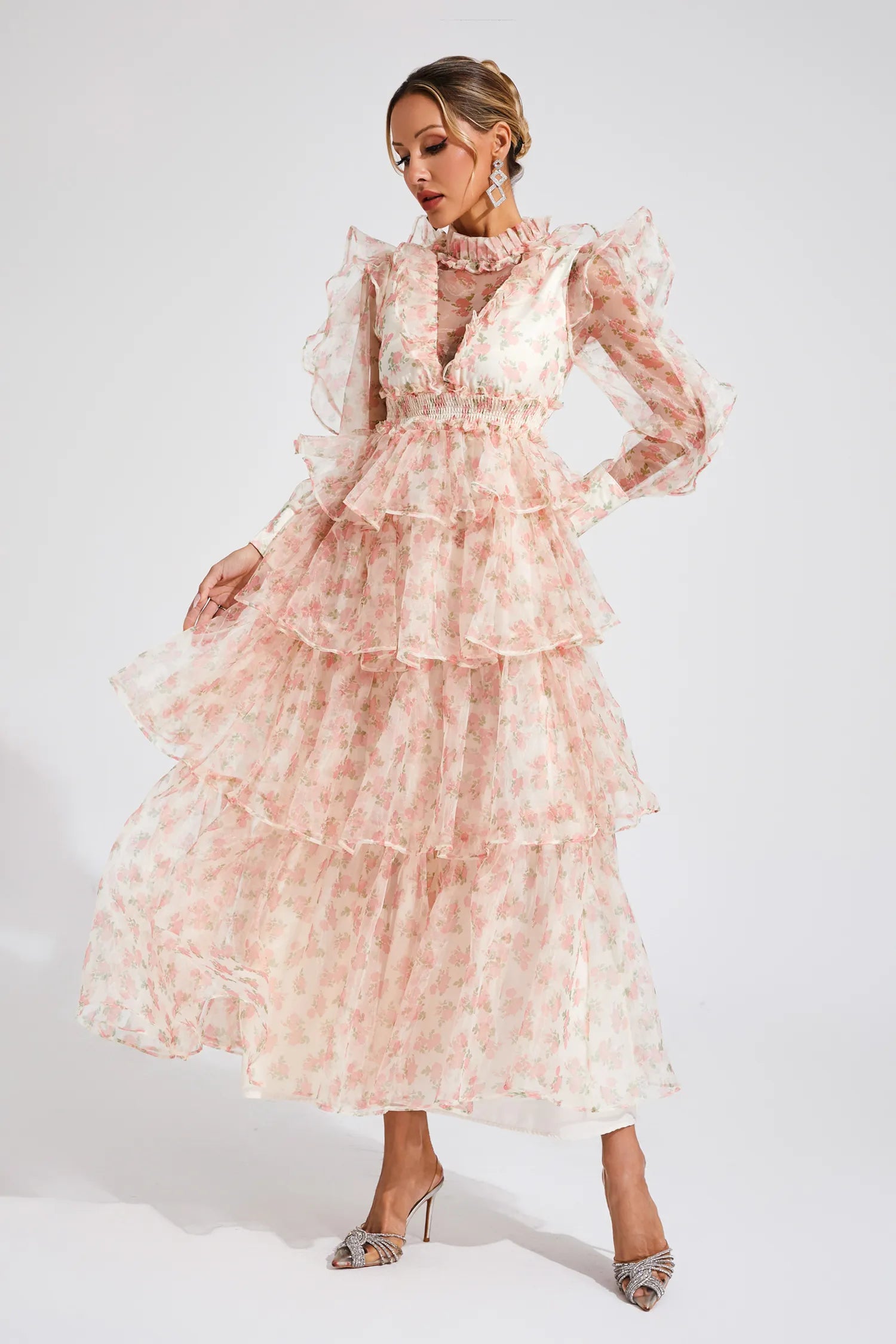 Zelda Çiçekli File Uzun Elbise