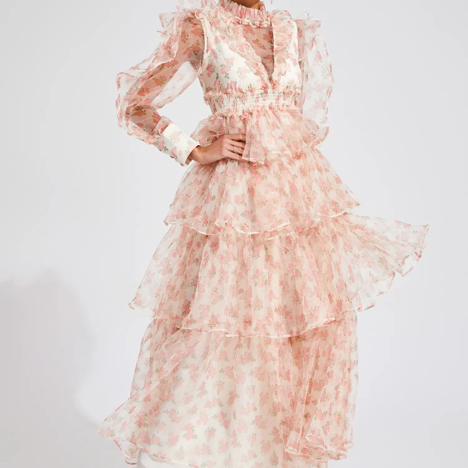 Zelda Çiçekli File Uzun Elbise