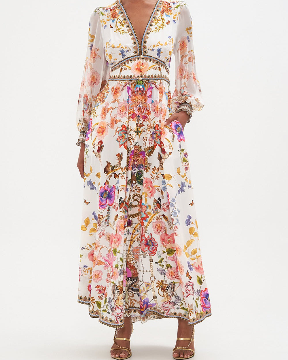 Belen Baskılı V Yaka Balon Kol Maxi Elbise