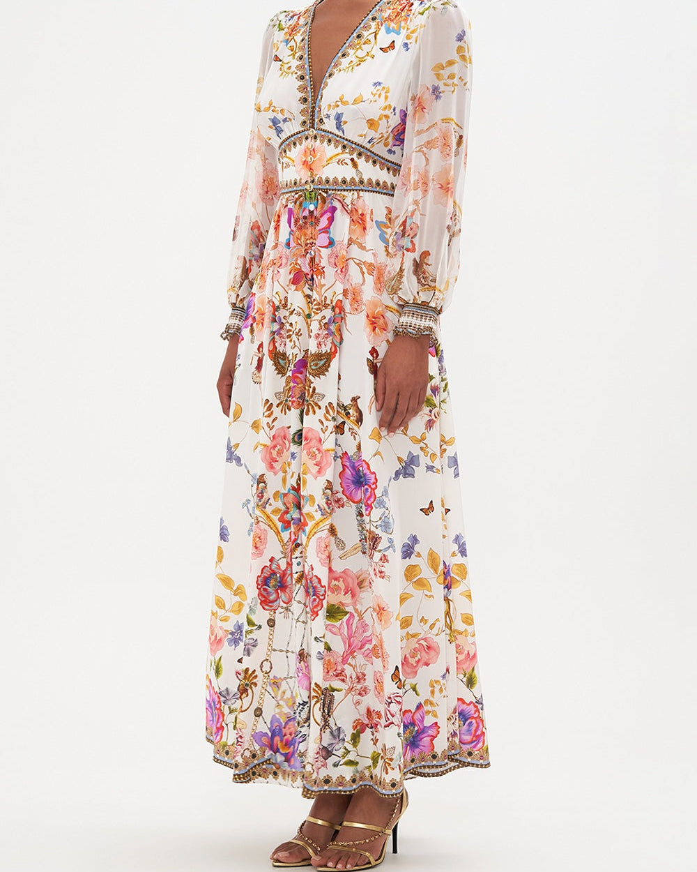 Belen Baskılı V Yaka Balon Kol Maxi Elbise