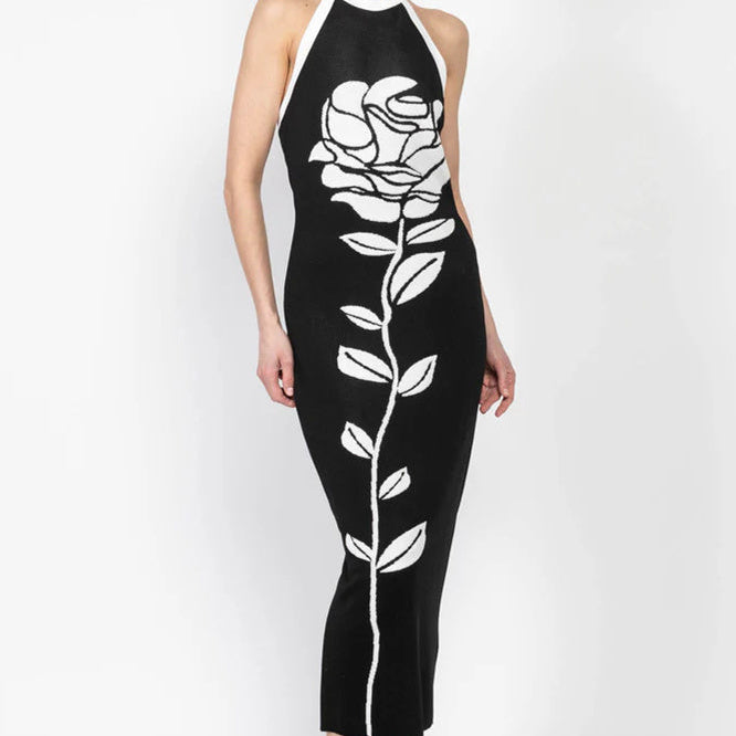 Darlene Halter Çiçekli Açık Sırt Midi Örgü Elbise